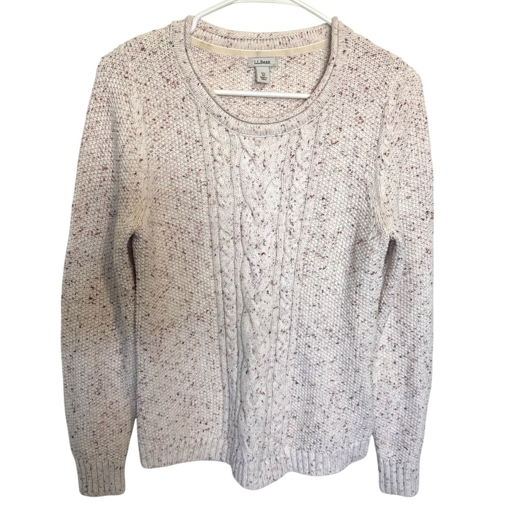 LL‎ Bean Womens Cream Flecked Cable Knit Sweater Cotton Blend XS 290395